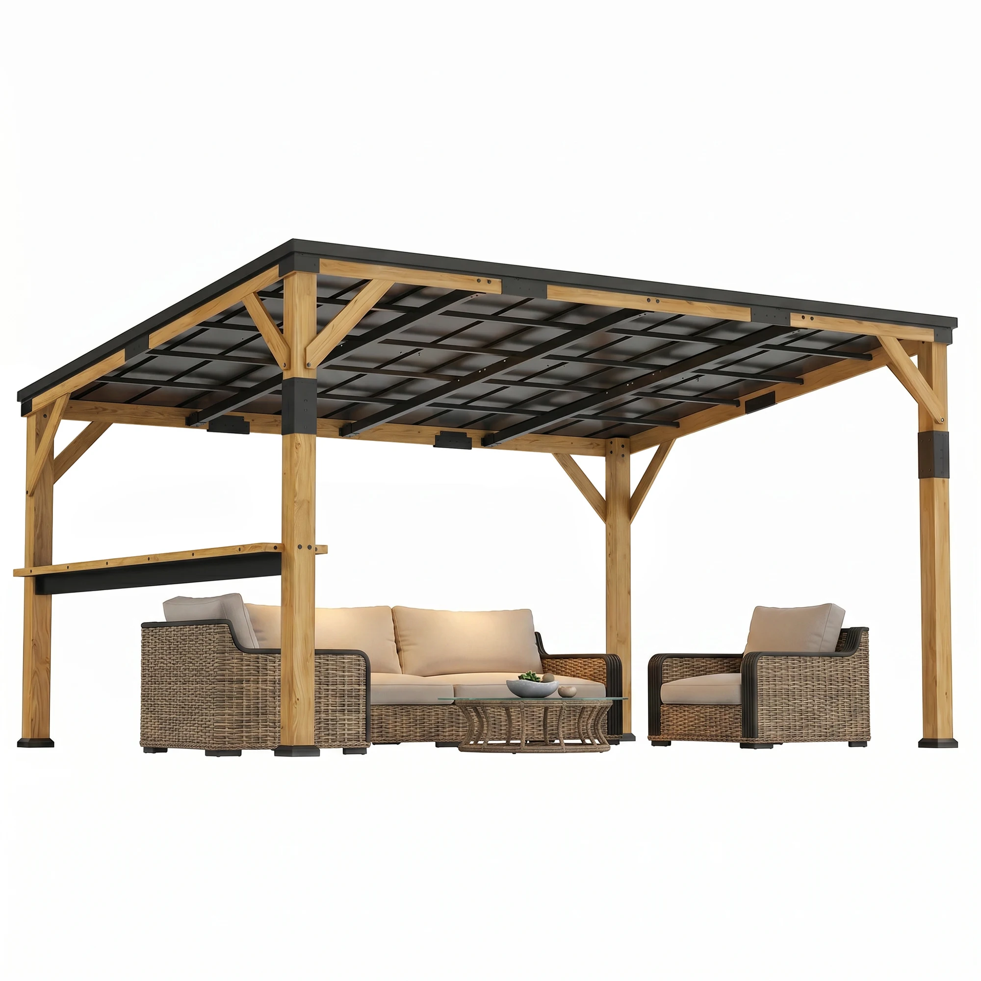 10' x 14' Wooden Gazebo, Hardtop Lean-to Gazebo Pergola with Steel Roof, Natural