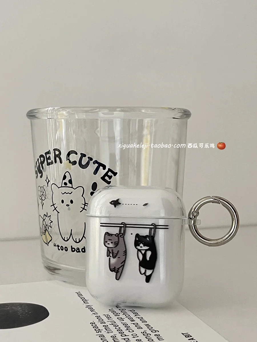 Funda para auriculares Airpods 1, 2, 3, 4 y Airpods PRO 2, 3 con diseño de gatito kawaii y gato negro, estilo Y2K, transparente, para auriculares inalámbricos Bluetooth, resistente a caídas.