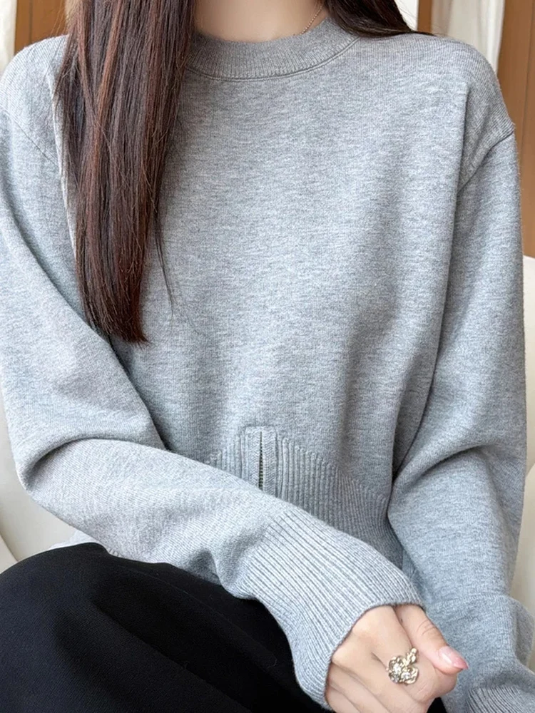 Elegant round Neck  Color Knitted Sweater Women's Waist-Cinching Versatile Trendy Front Slit Zipper Top High Quality Fee...