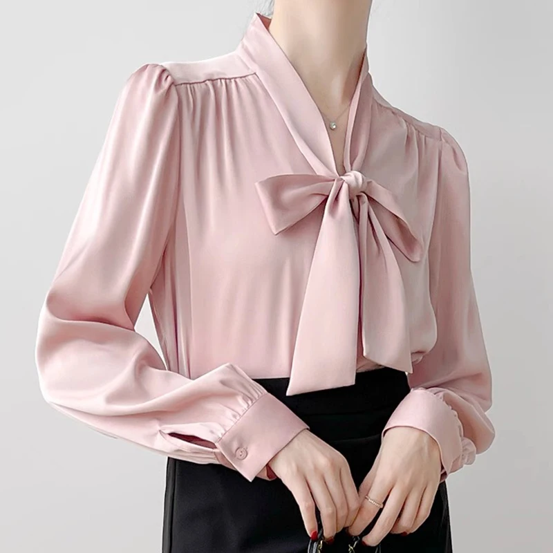 Women Chiffon Blouse 2024 Spring Summer New Arrivals Elegant Long Sleeve Bow Front Women Shirts & Blouses Work Office Lady Shirt