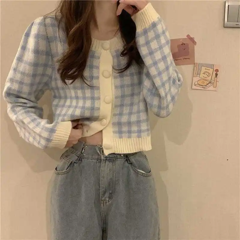 Casual Plaid Gentle Sweaters Autumn Winter Long Sleeve Women\'s Clothing Commute Single-breasted Basic Straight Knitted Cardigan