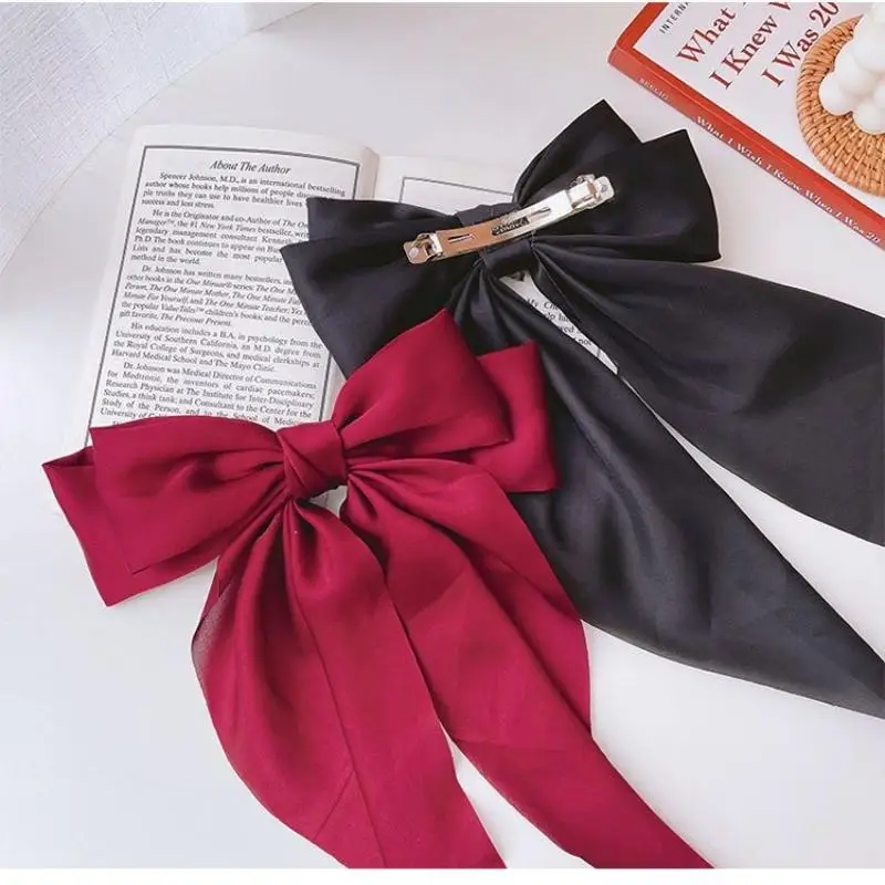 Koreanische Accessoires Haarspangen für Frauen und Mädchen, große Schleife aus festem Satin, lange Bandschleifen, Federklemme, Haarspange für Damen 2026 – Detail 9