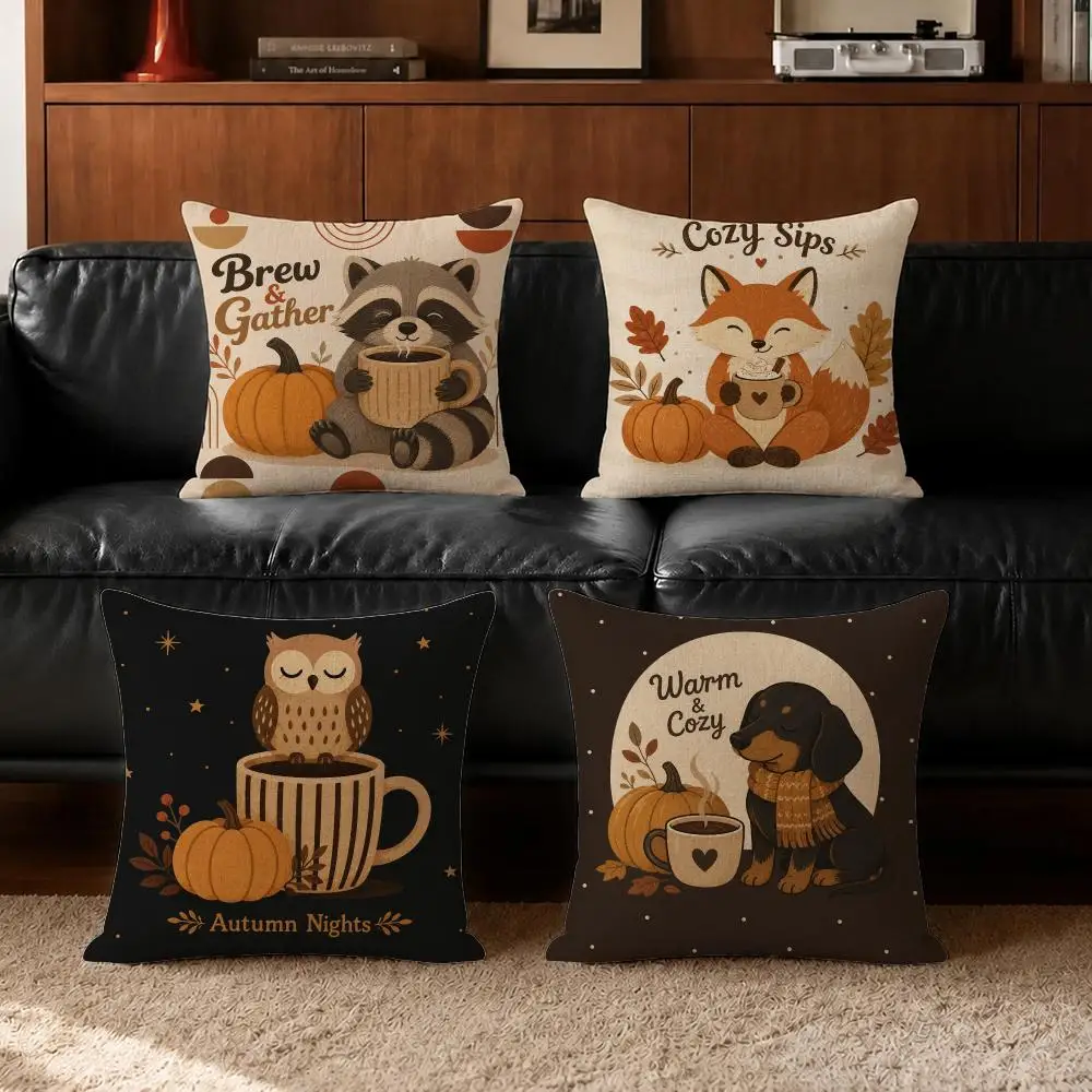 Pattern Animal Pumpkin and Coffee Cushion Cover Cushion Covers Natural Linen Breathable Sofa Bedroom Decor Pillowcase