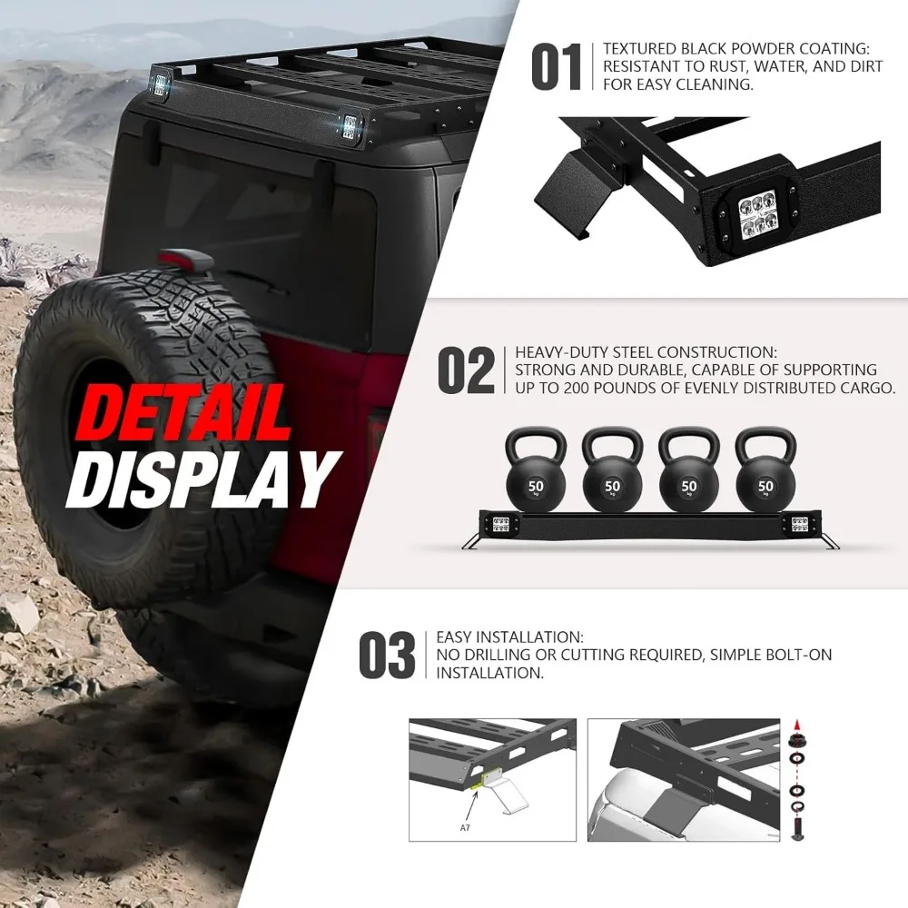 Bronco Half Short Roof Rack Rear Cargo Basket with 2 Pcs Led Light Bars Compatible for 2021 2022 2023 2024 Ford Bronco Hardtop 4