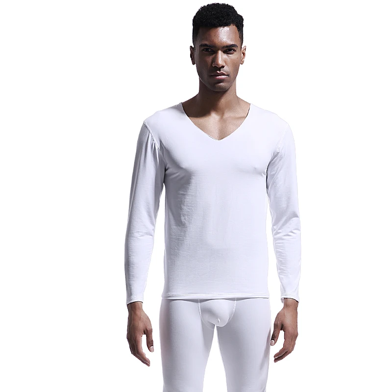 

4PCS Men's big V-neck seamless thermal warm underwear set, heated fleece tight thin autumn top and bottom cotton wool shirt.