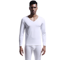 4PCS Men's big V-neck seamless thermal warm underwear set, heated fleece tight thin autumn top and bottom cotton wool shirt.