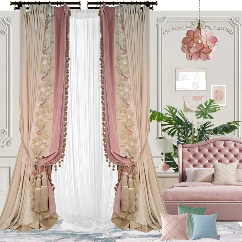 High-end pink princess style embroidery patchwork curtains for living room and bedroom Curtains for Living dining room bedroom