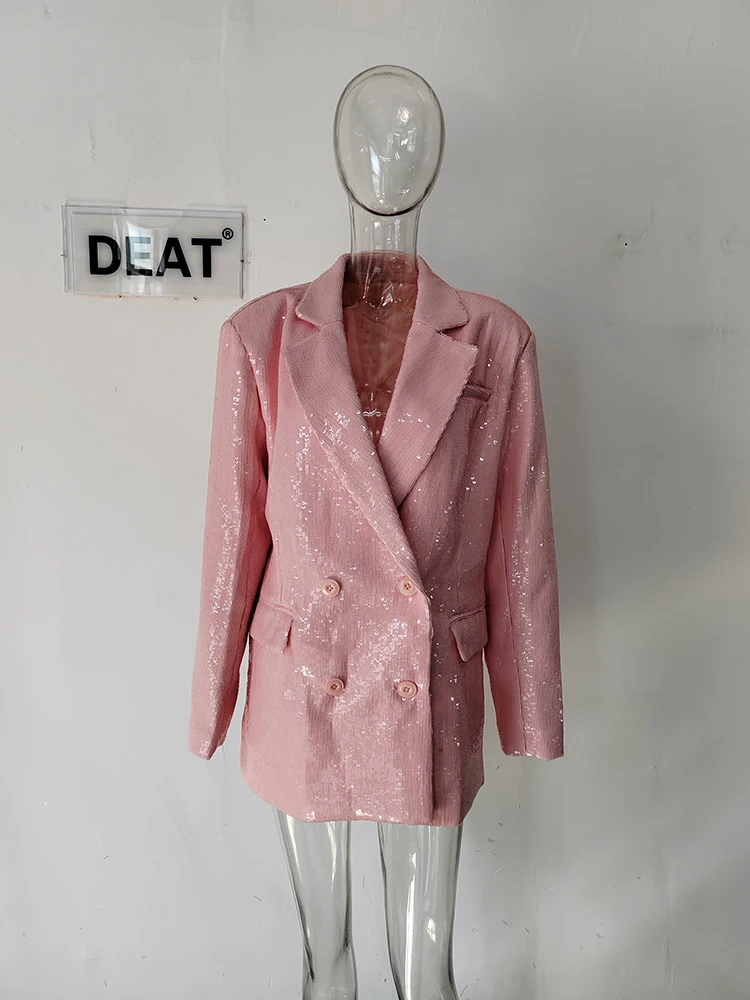 DEAT Fashion Women\'s Blazer Notched Collar Double Breasted Sequins Full Sleeves Pink Suit Jackets Autumn 2024 New Tide 7AB643