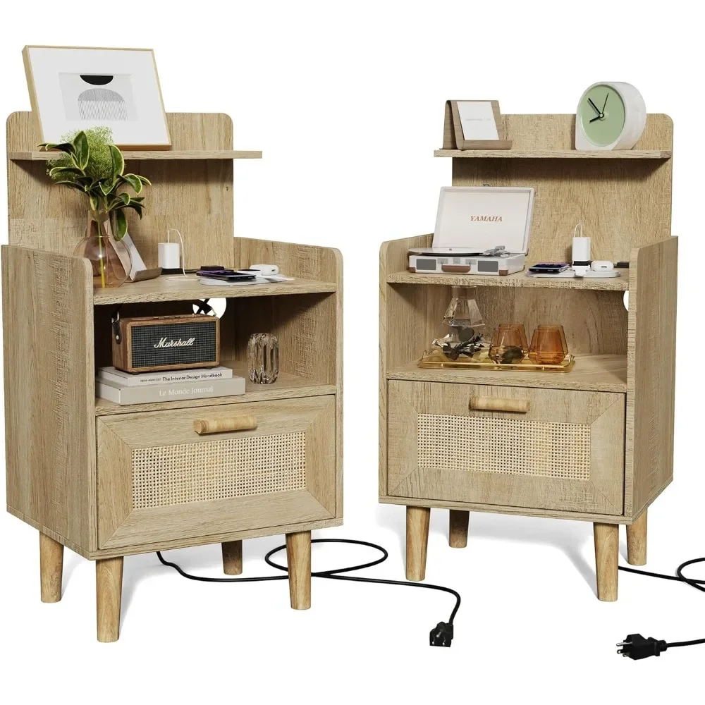 

Nightstand with Charging Station Small Bedside Table Rattan Nightstand End Table with Solid Wood Legs Modern Night