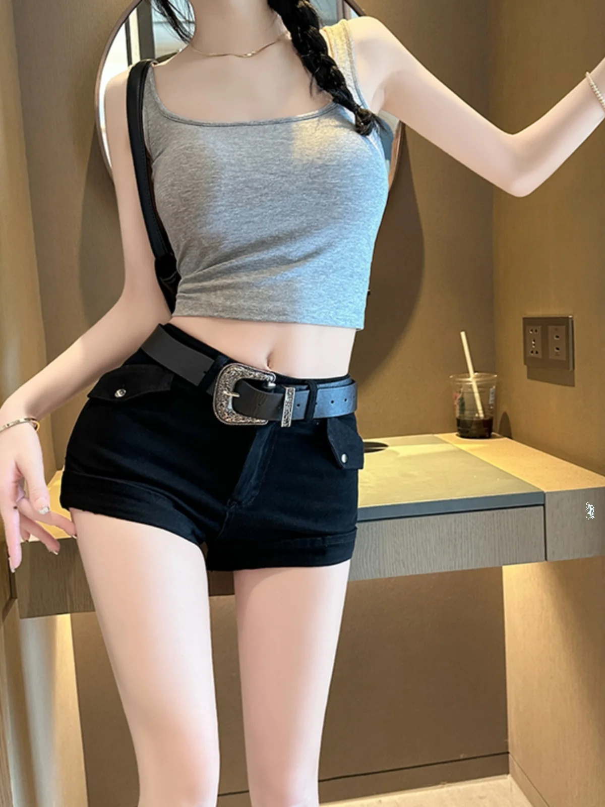 Sexy Thin Short Pants Women's Summer Low Waist Bodycon Tight Fitting Fashionable Bootcut Pants High Waist Pocket Detail