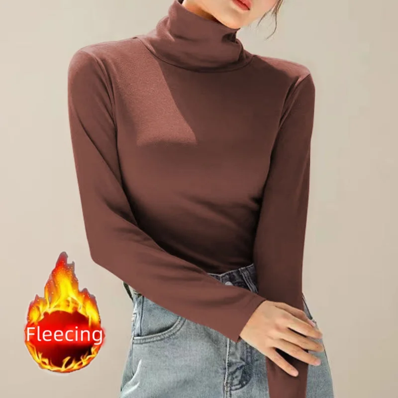 Women Shirt And Blouse Winter Fleecing Thickening Velvet Basic High Neck Warm Top Solid All-Match Sweet Elegant Casual T-Shirt