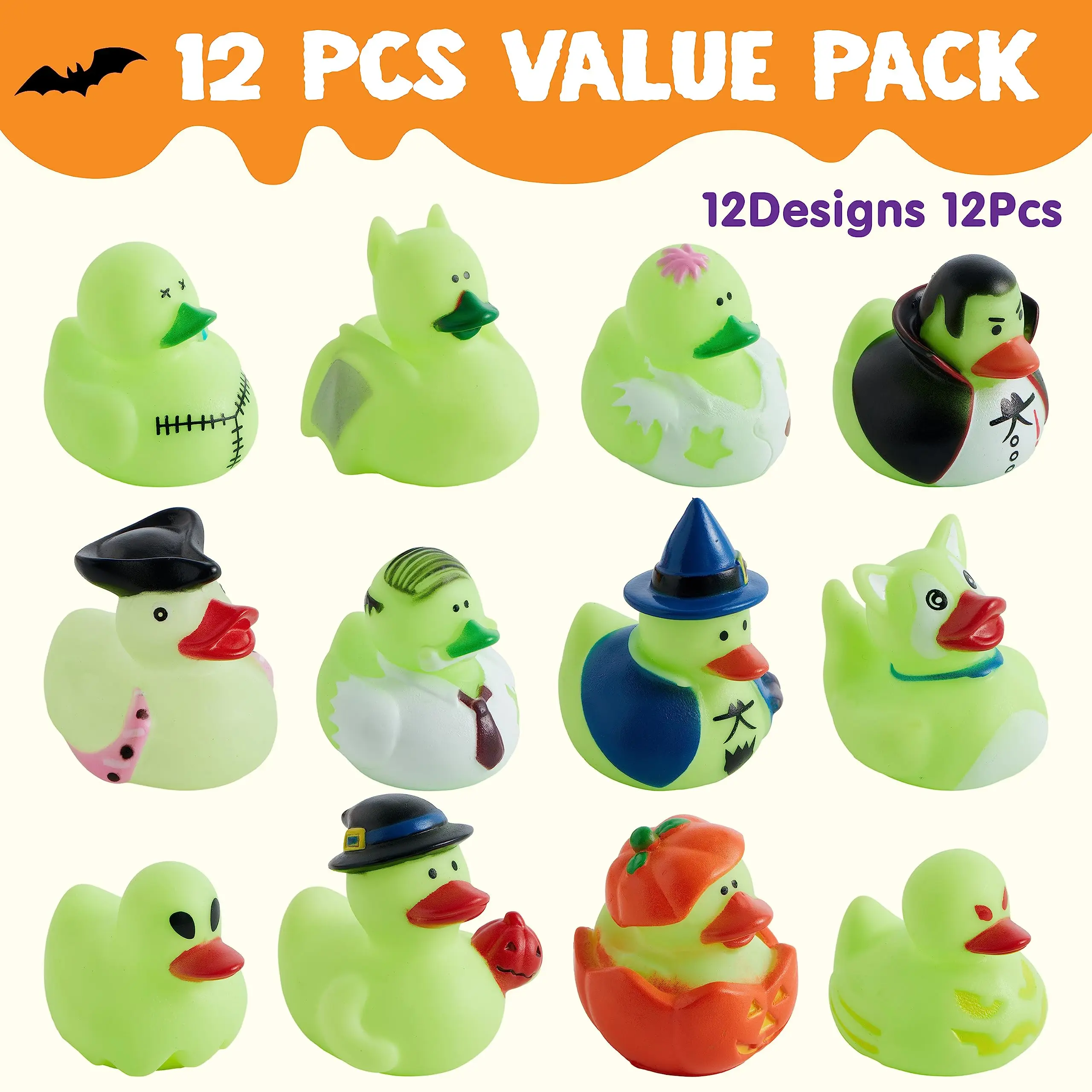 24Pcs Świecąca w ciemności gumowa kaczka do kąpieli na Halloween, prezent Cukierek albo psikus, prezent na Halloween, gumowa kaczka Squirt Squeaker Party