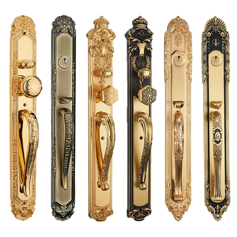

Hot Selling 24K Gold Luxury Brass Carved Main Wooden Door Lock Villa Brass Multi-style Entry Door Long Handle Lock Set