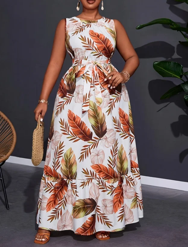 

Round Neck Sleeveless Slim Fit A-Line Dress for Women In Summer Elegant Leaf Print A-Line Slim Fit High Waisted Sleeveless Dress