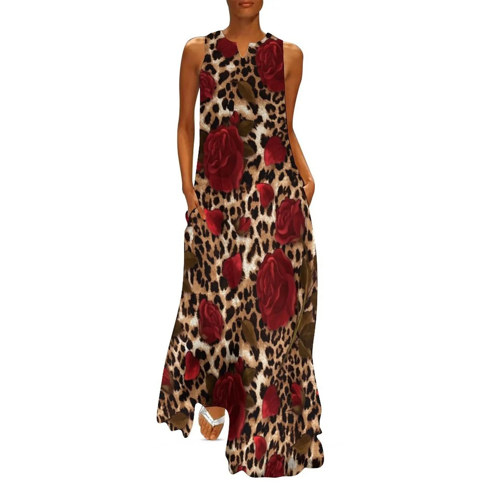 

Leopard rose pattern Long Dress women party dresses fairy dress Summer dresses for women Woman clothing