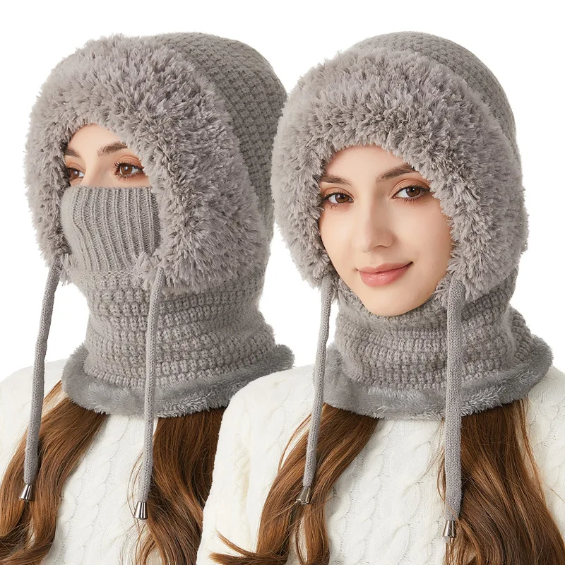 Women Winter Knitted Balaclava Hat With Face Cover And Neck Warmer All In One Fleece Lined Riding Beanie For Cycling Sports