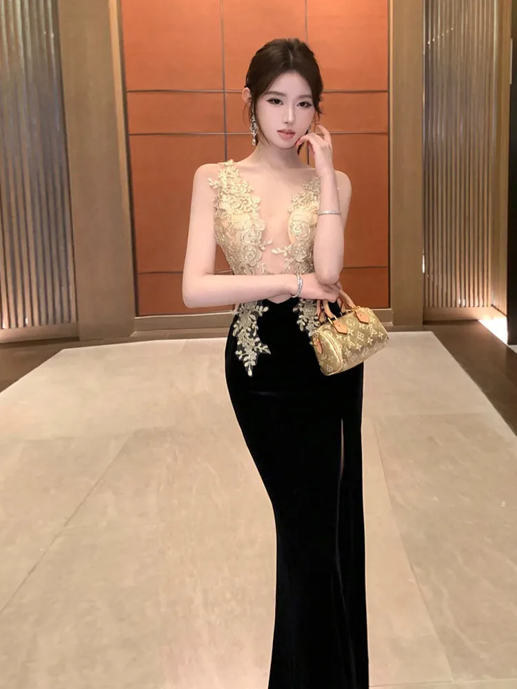 Luxury Black Velvet Cocktail Dress For Women High-end Sheer Lace Embroidery Side Slit Formal Party Lady Gown Art Aesthetics Clot