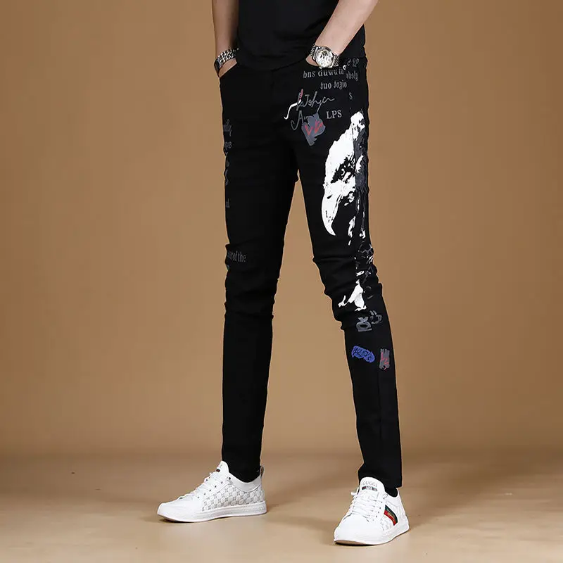 Light Luxury Men’s Street Fashion Print Jeans,Slim-fit Korea Version Stretch Black Denim Pants,Trendy Casual Jeans Pants;