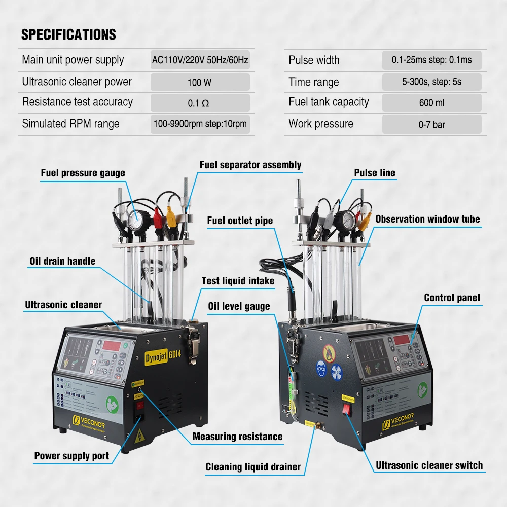 Intelligent Car GDI Fuel Injector Cleaner & Tester Cleaning Machine Ultrasonic Cleaner 4-Cylinders 110V 220V - Dynojet GDI4