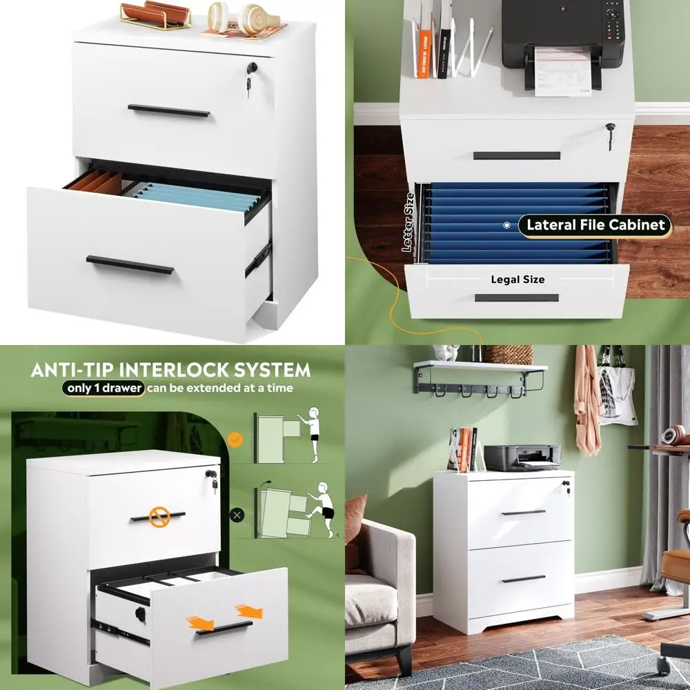 

Two-Drawer Lockable White Wood Lateral File Cabinet for Office and Home Storage Solutions