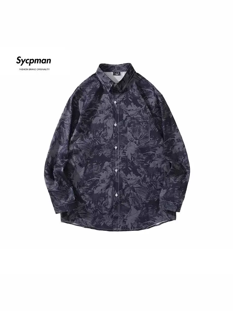 

Sycpman Trendy Dark Black Printed Long Sleeved Shirts for Men and Women Autumn Vintage Loose Casual Shirt Streetwear Clothing