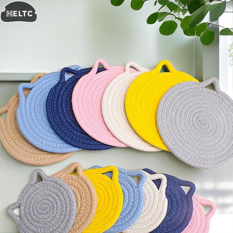 1pc Cotton Rope Woven Insulation Pad Design Dining Table Tray Mat Insulation Pad Cartoon Cat Ear Shaped Solid Color Dining Table