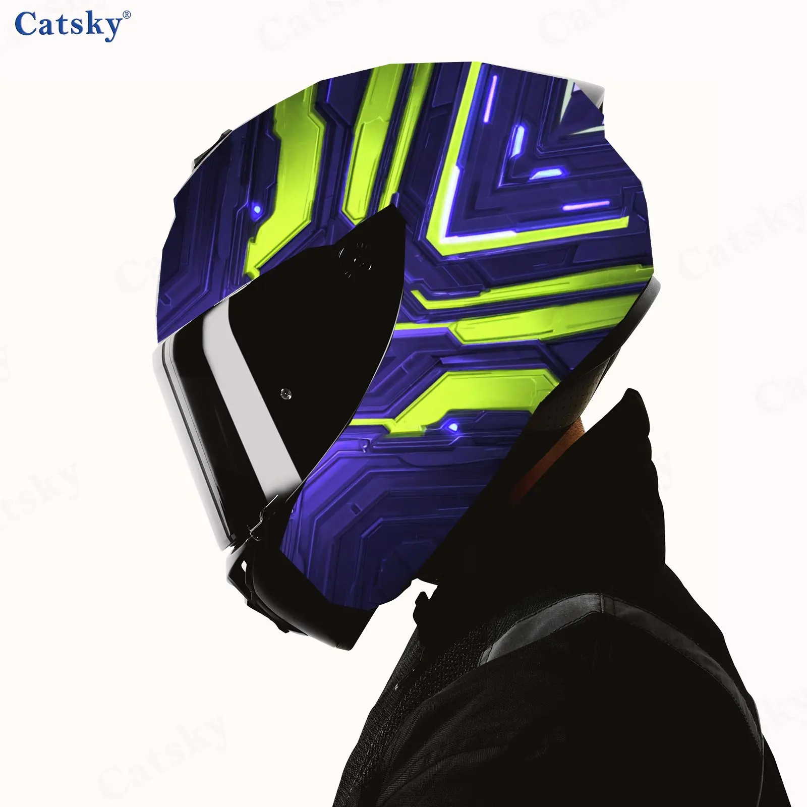 Purple-Black & Fluorescent Yellow Helmet Vinyl Wraps, Waterproof Scratch-Resistant Full Face Helmet Decals, Durable PVC Decorati view 4