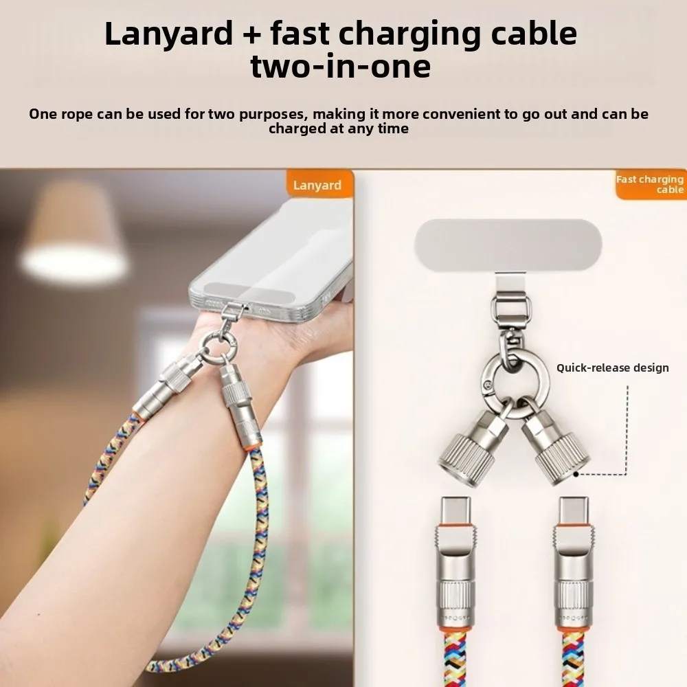 

Type C Data Cable Mobile Phone Lanyard PD66W 2 in 1 Fast Charging Phone Strap with Patch Detachable Phone Hanging Rope Outdoor