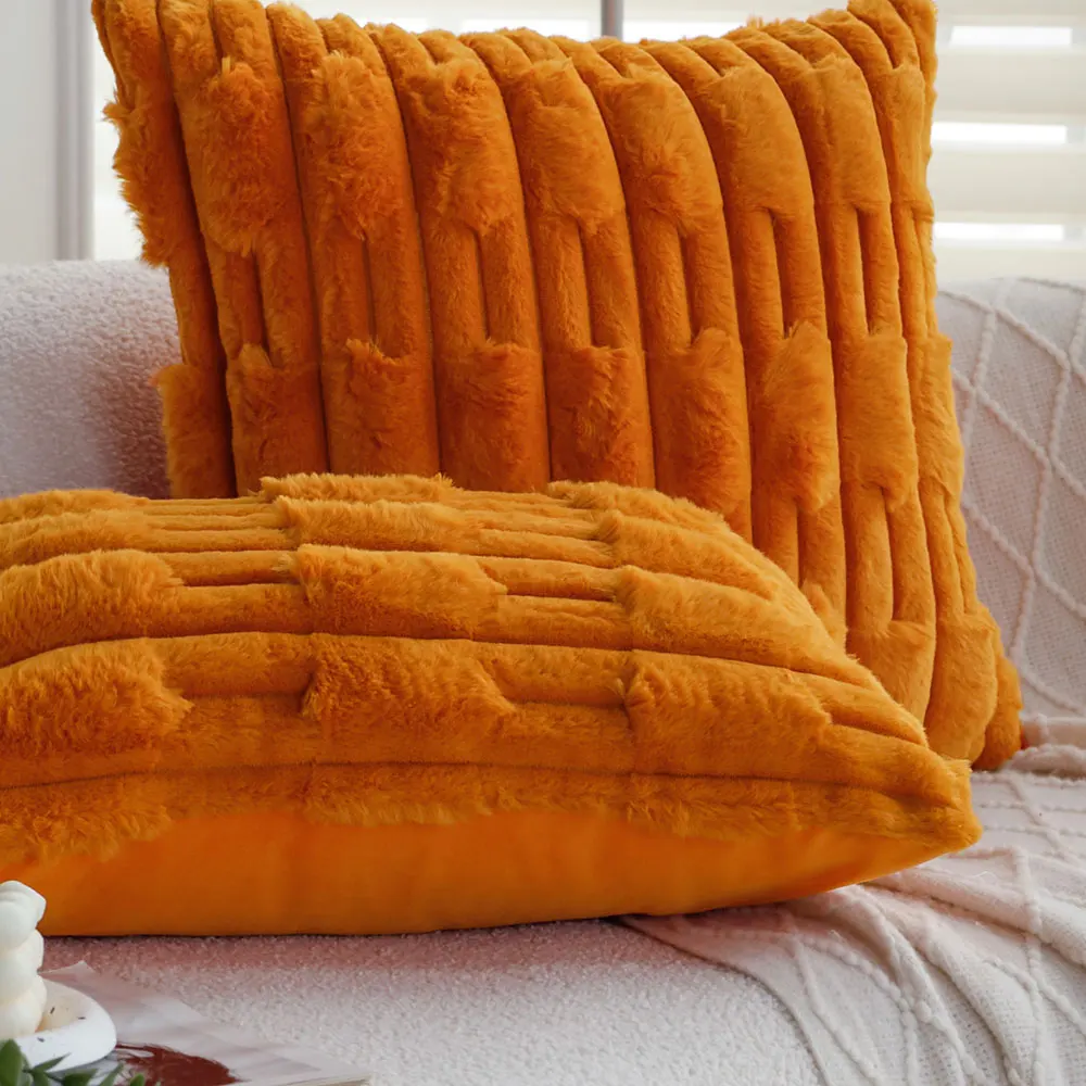 Orange Plush Decorative Cushion Cover Autumn Winter Soft Skin-Friendly Zippered Throw Pillow Cover For Living Room Sofa Bedroom