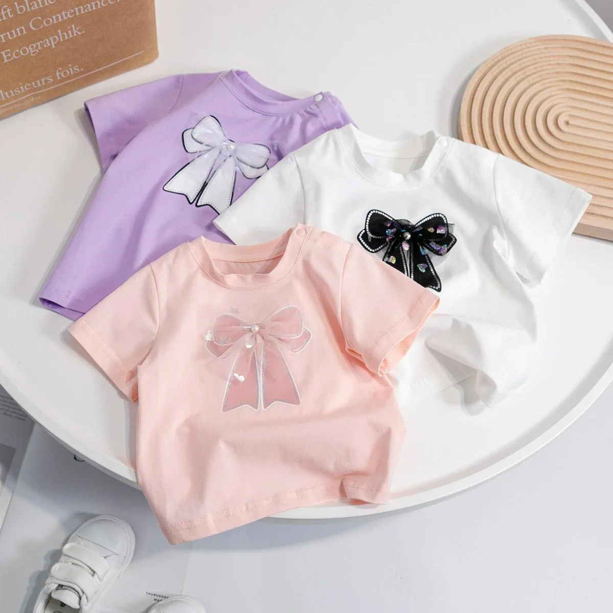 

1pcs Summer Girls Sweet Bow Tee Fashion Top Childrens Short Sleeve T-shirts Child Loose Casual Solid Tshirt Baby Fashion Clothes