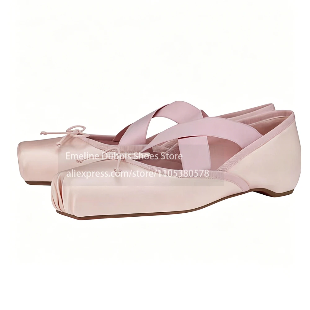 

Pink Satin Cross Strap Square Toe Ballet Flats Bow Decor Slip on Elegant Spring Summer Daily Wedding Dress Comfort Women Shoes