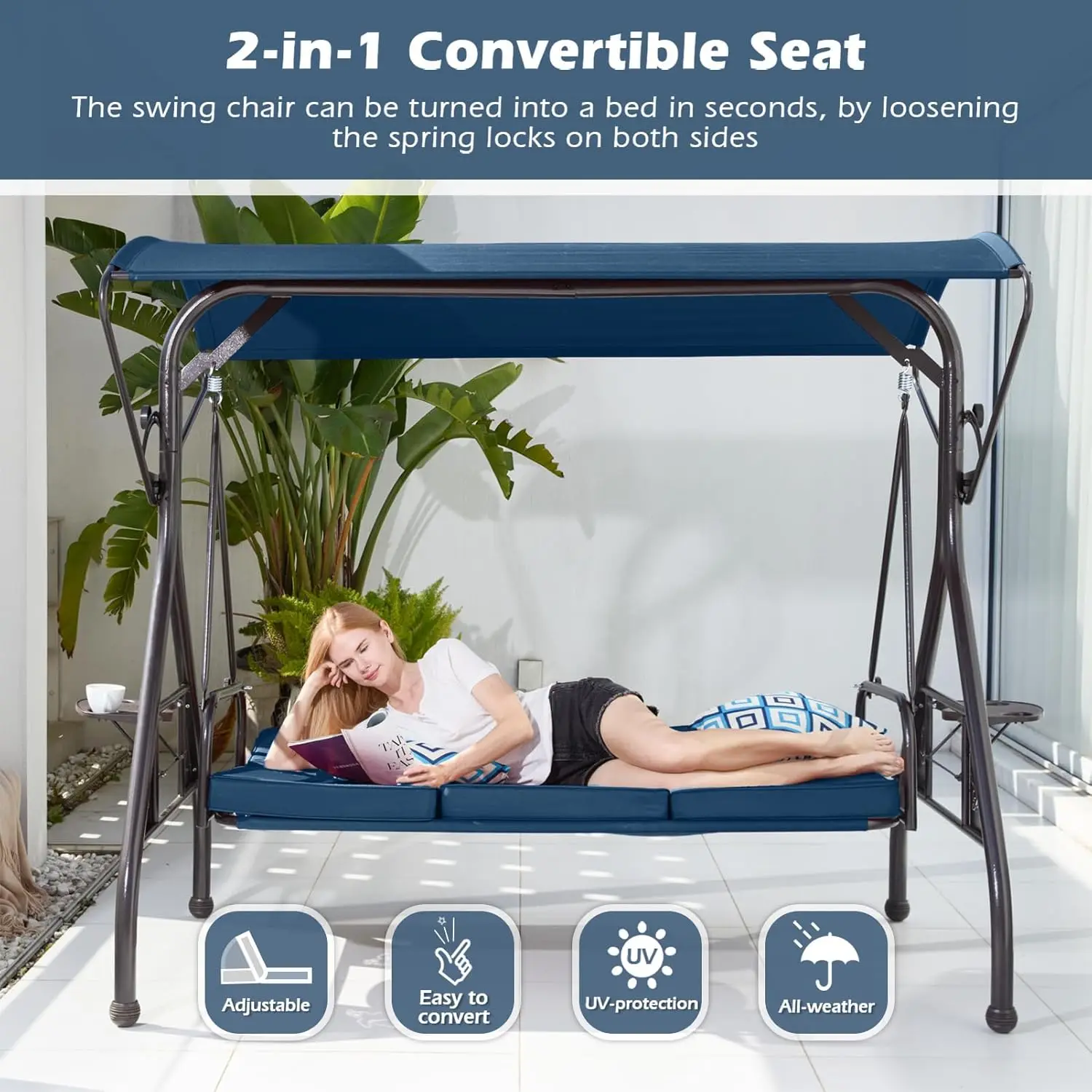 

800LBS Patio Swing with Canopy 3 Seat Outdoor Porch Swing with Stand w/Cup Holder & Pillow Glider Chair Swing Bed for Patio Back