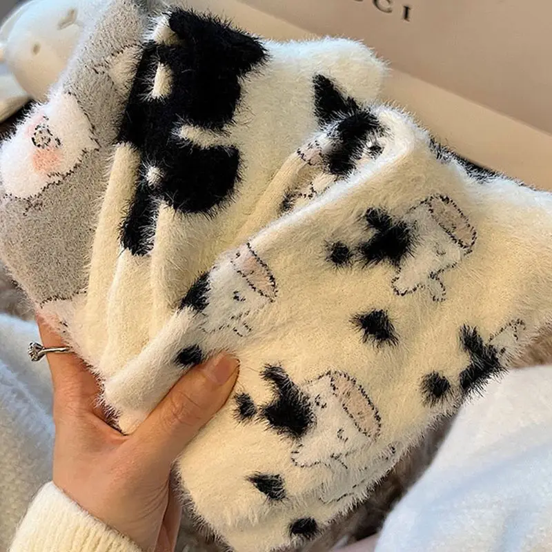 Winter Women's Kawaii Thickened Socks Furry Mink Velvet Sweet Cartoon Cow Spot Sock Plush Home Sleeping Wears Cashmere Sox