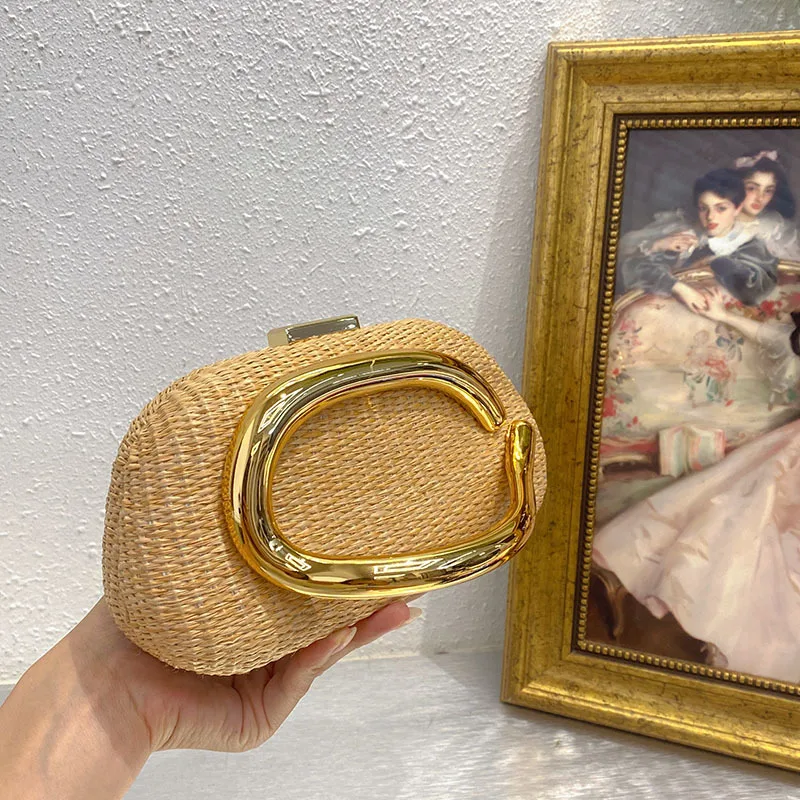 

Летняя новая мода Ins Gold Металлическая застежка Коробка-клатч Женская вечерняя свадебная вечеринка Симпатичная сумка-кошелек Темно-красная бежевая соломенная сумка