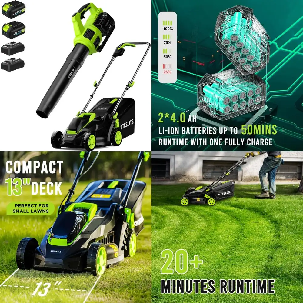 

Комбинированный комплект аккумуляторной газонокосилки и воздуходувки для листьев с 2 аккумуляторами емкостью 4,0 Ач 21 В и зарядными устройствами для эффективного ухода за двором