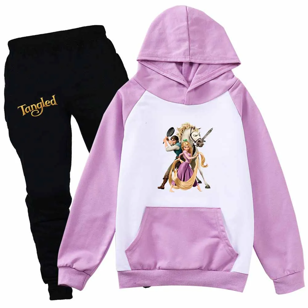 Disney Tangled Rapunzel Princess Girls Casual Thin Hoodies Black Pants Kids Sportswear Suits Children Outerwear Clothing Sets