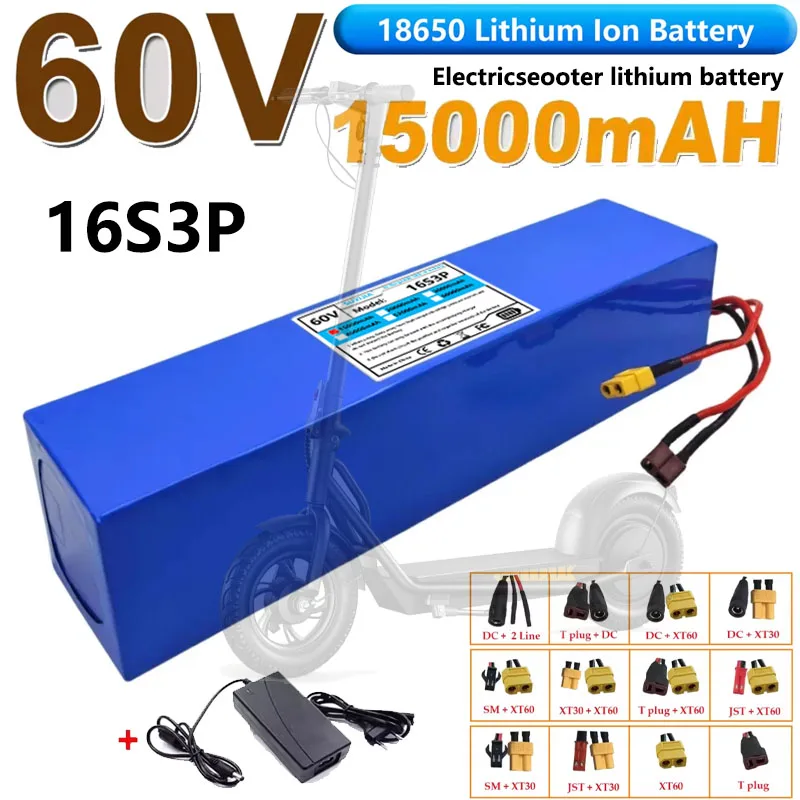 60V 15Ah 18650 Lithium Battery 0-2000W 16S3p High Power Off-road Vehicle Scooter Motorcycle Tricycle Bicycle Large Capacity
