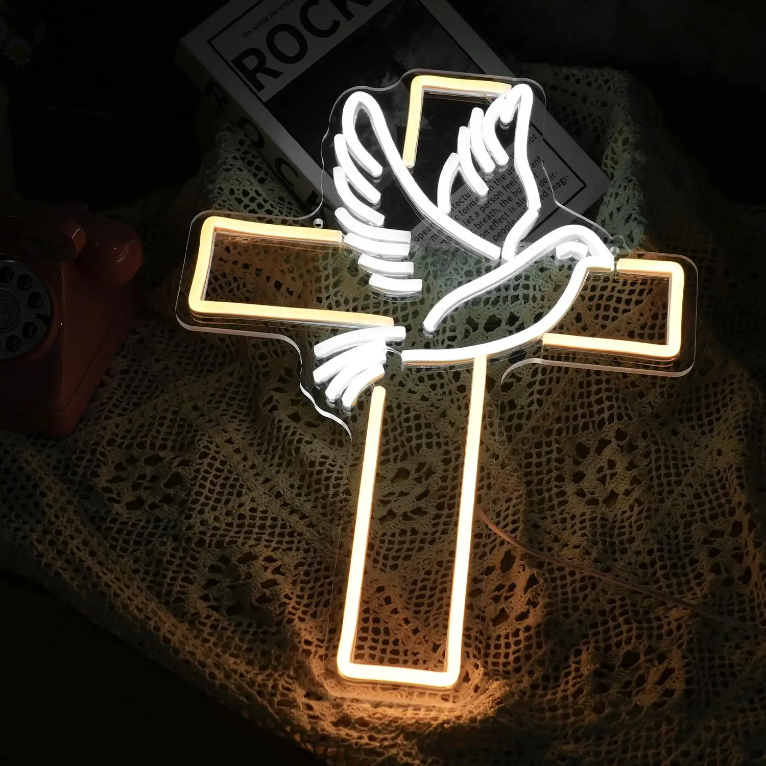 Adjustable LED Easter Cross Neon Light, Wall Decoration, White Dove Neon Light, USB Powered, Suitable for Holiday Parties