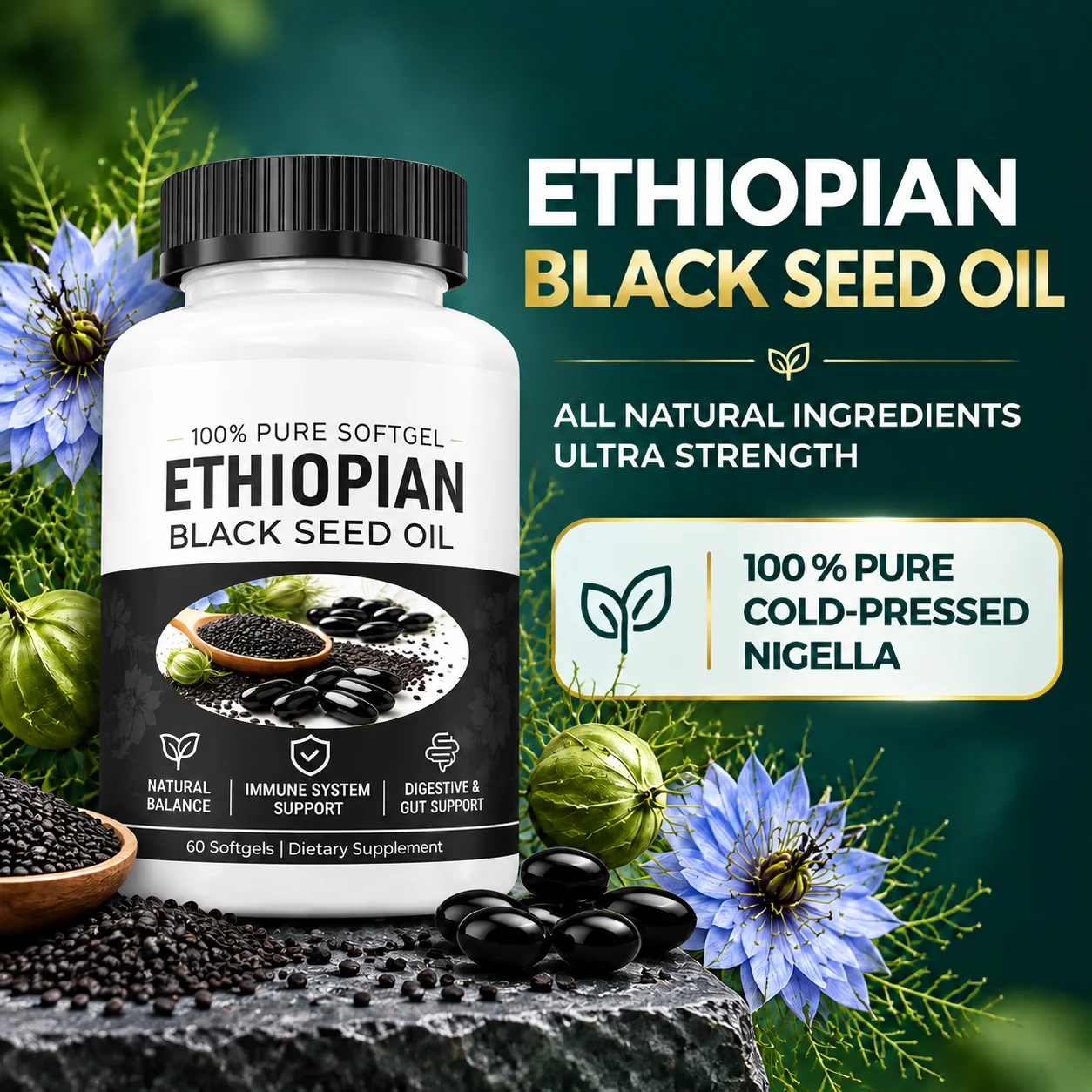 Ehiopian Black Seed Oil Capsules with 4.64% Thymoquinone, Immune Support & Digestion & Energy Booster, Gluten-Free, 60 Softgels