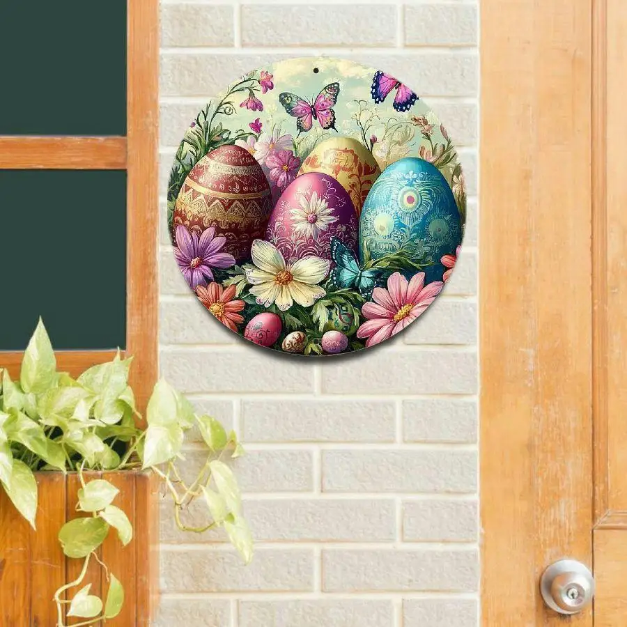 CIFbuy Vintage-Ostereier, florales Aluminium-Wandkunstwerk, wasserdicht, langlebig, rostfrei, Metallschild für Retro-Frühlings-Schmetterlings-Heimdekoration