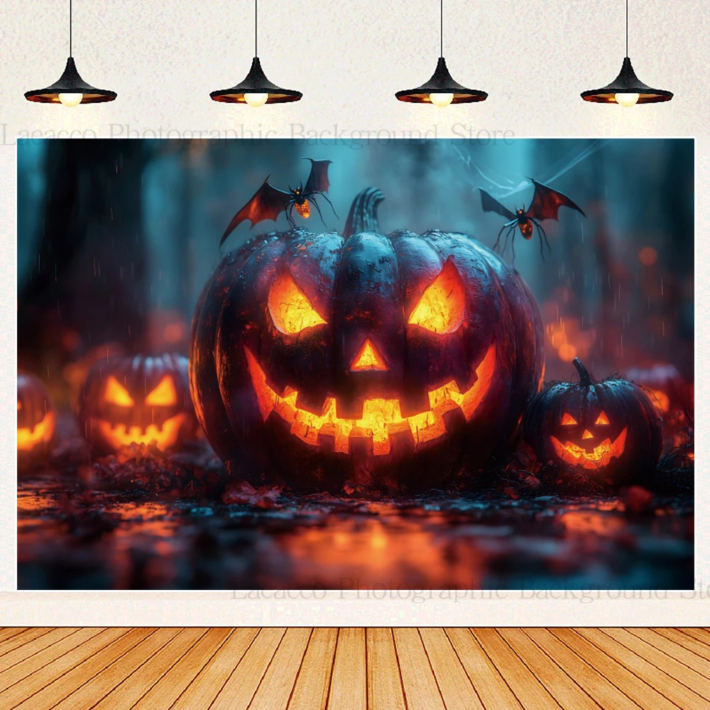 Spooky Pumpkin Photography Background Bat Spider Scary Theme Halloween Eve Backdrop Wall Hanging for Room Decor Banner Photo