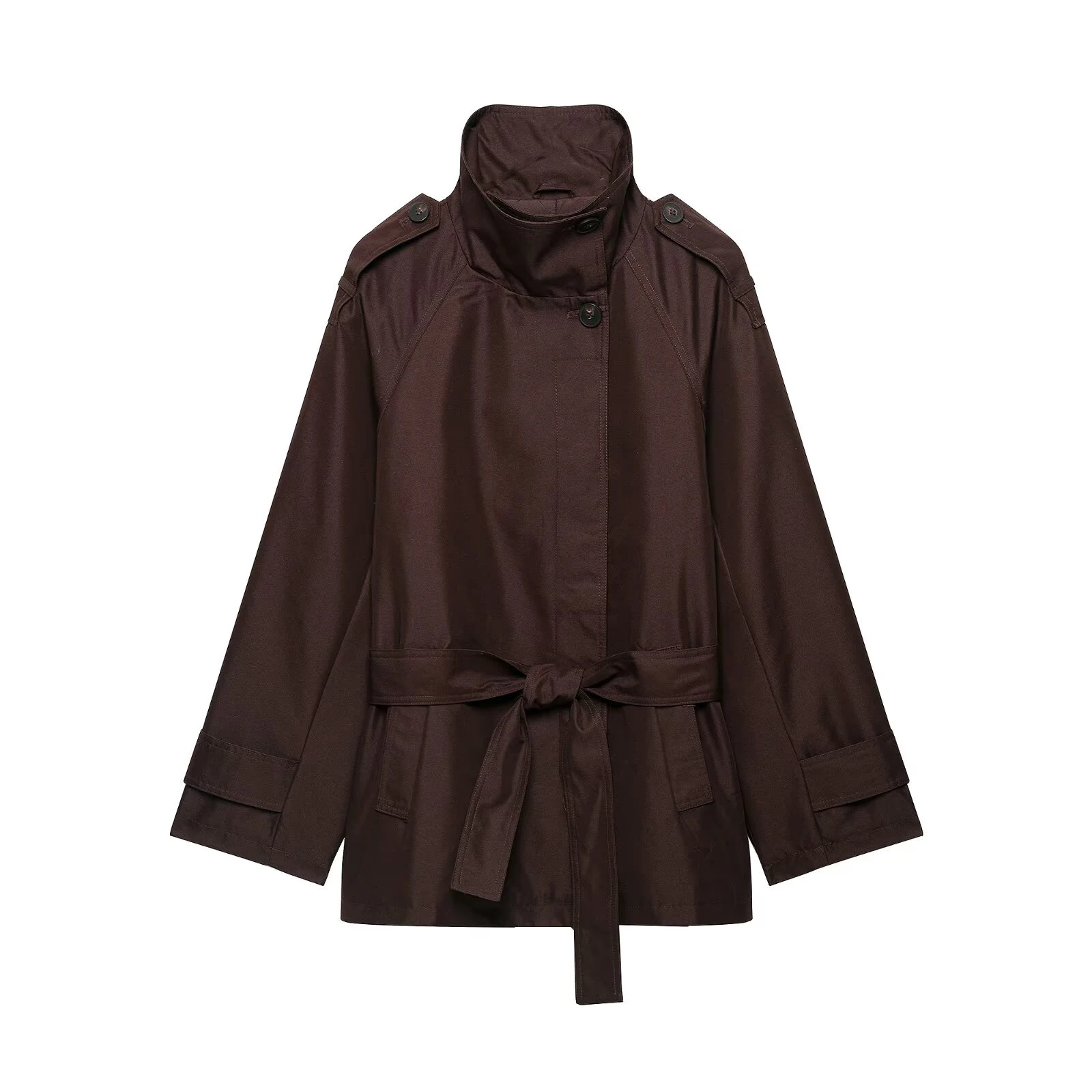 European and American style winter new women's long sleeved stand collar with waist belt double breasted trench coat jacket