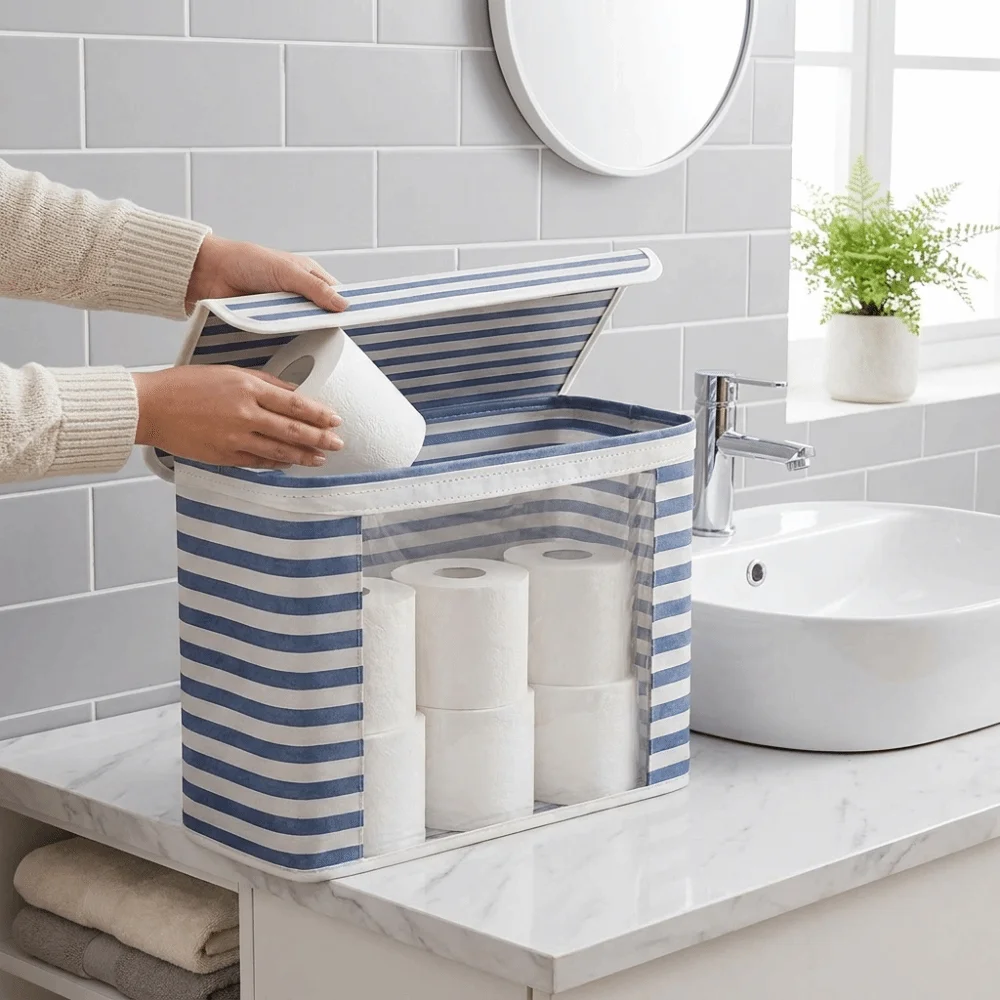 Large Capacity Toilet Paper Storage Box Folding with Flip Lid Bathroom Tissue Box Clear Window Striped Fabric Storage Basket