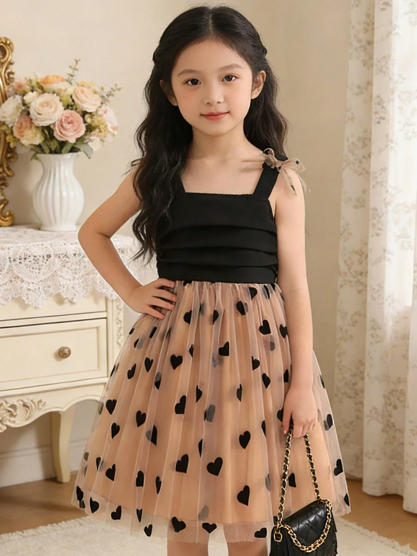 

Women's Black Heart Print Tulle Dress With Bowknot Straps Summer