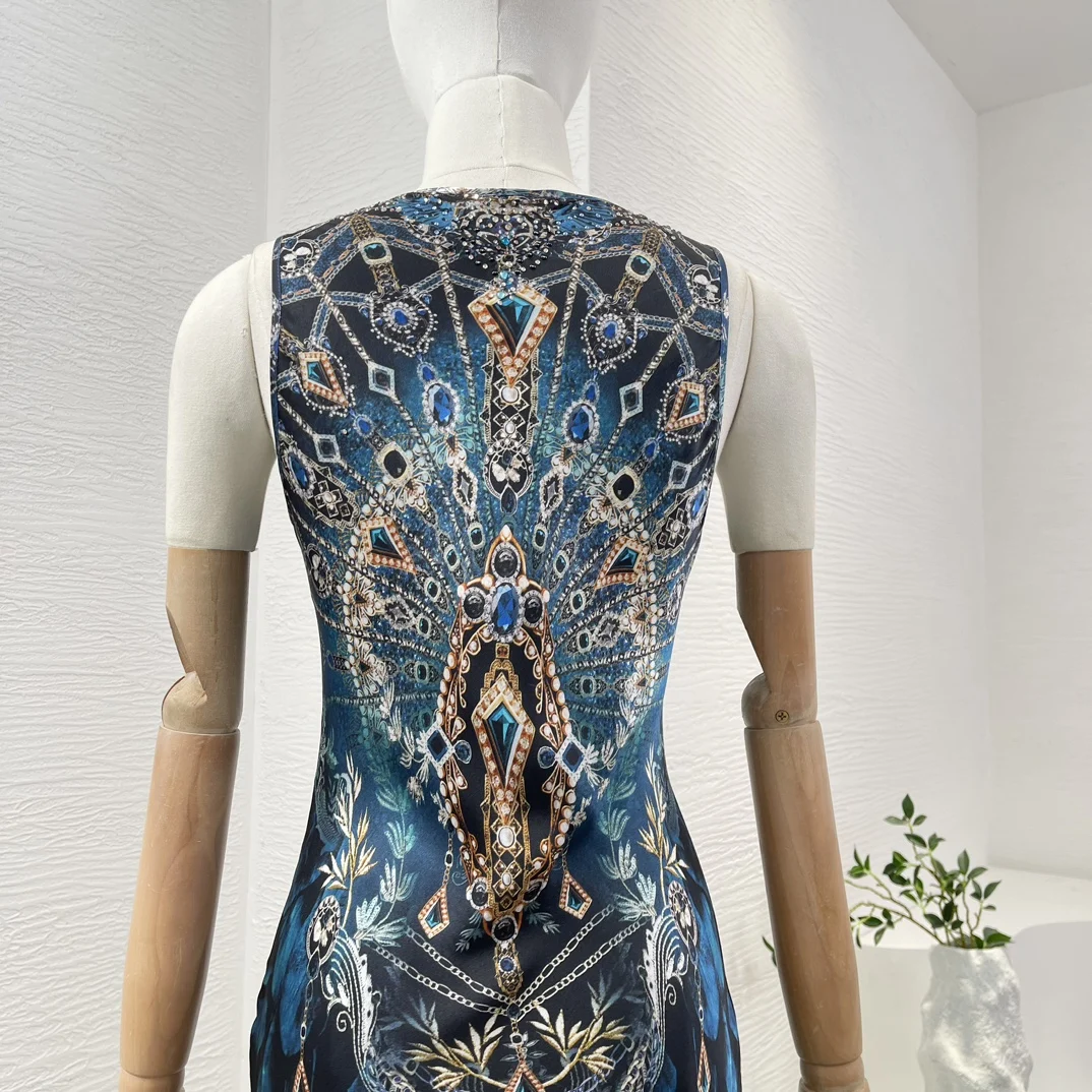 2024 Summer Women Vintage Navy Blue Peacock Print Sleeveless Diamonds Pressed Vest Side Slit Silk Maxi Dress