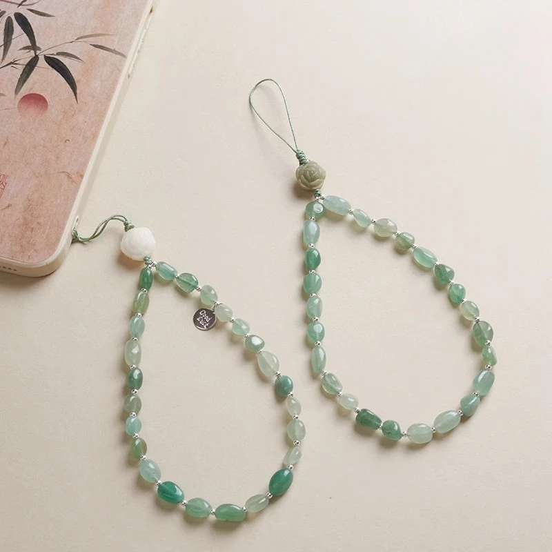 

Natural Dongling Jade Beaded Cell Phone Chain Wrist Strap with 925 Silver Pendant Flower Lanyard and Strap for Phone and Keys..