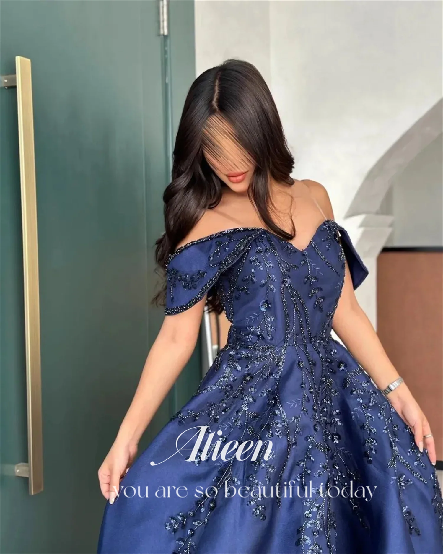 Off the Shoulders Bead Embroidery Satin Dark Blue Shiny Wedding Party Dress Dresses Gala Evening Elegant Woman Prom customized