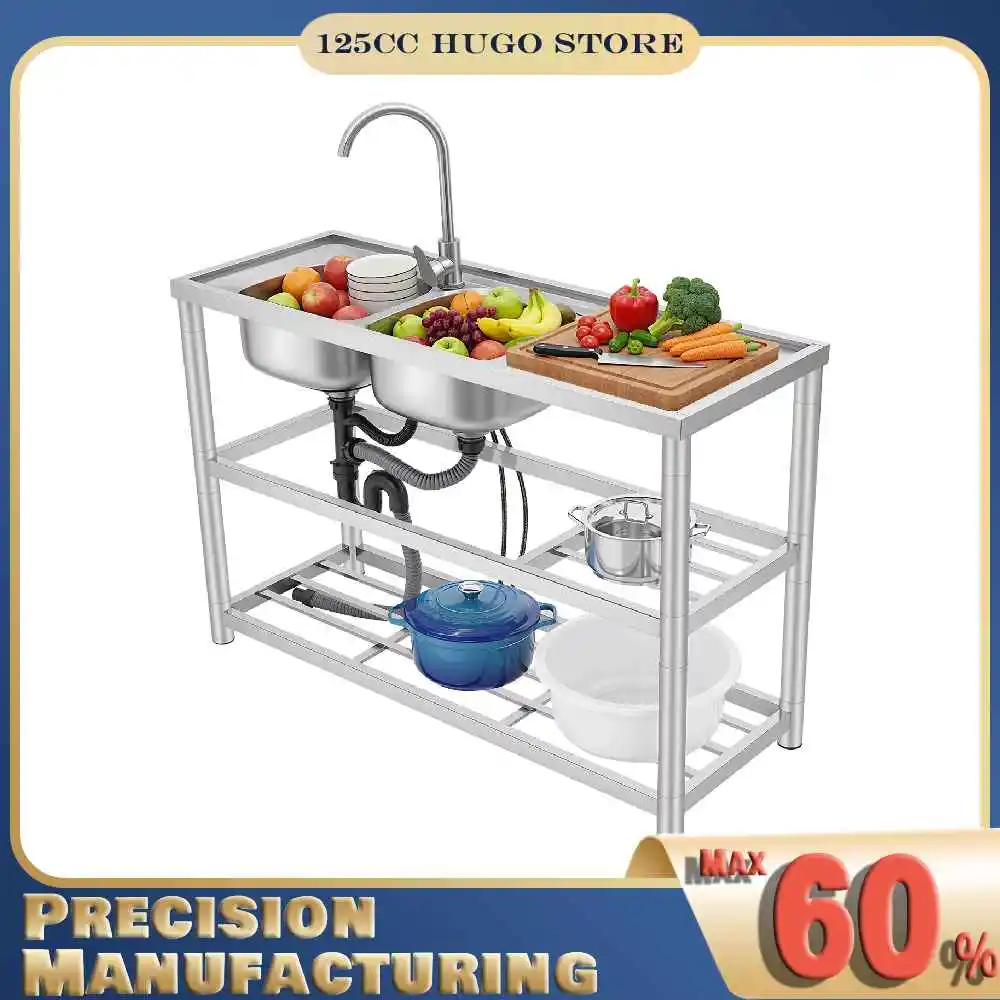 

Free Standing Commercial Stainless Steel Sink, 100kg Load Capacity Large Double-Bowl Kitchen Sink with Faucet