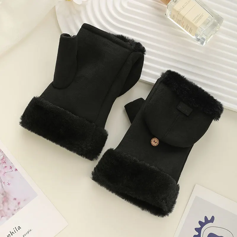 Women's winter thick lined plush gloves convertible flip top no finger warm gloves outdoor bicycle daily warm gloves
