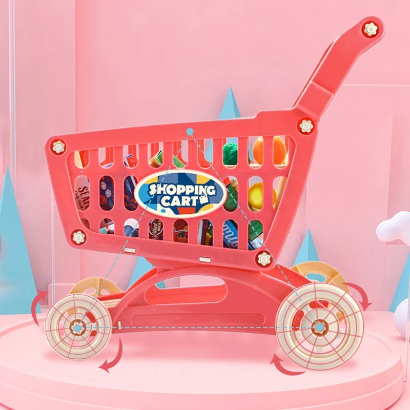 Conjunto de carrinho de compras para dramatização, carrinho de compras com comida falsa, acessórios de cozinha para crianças